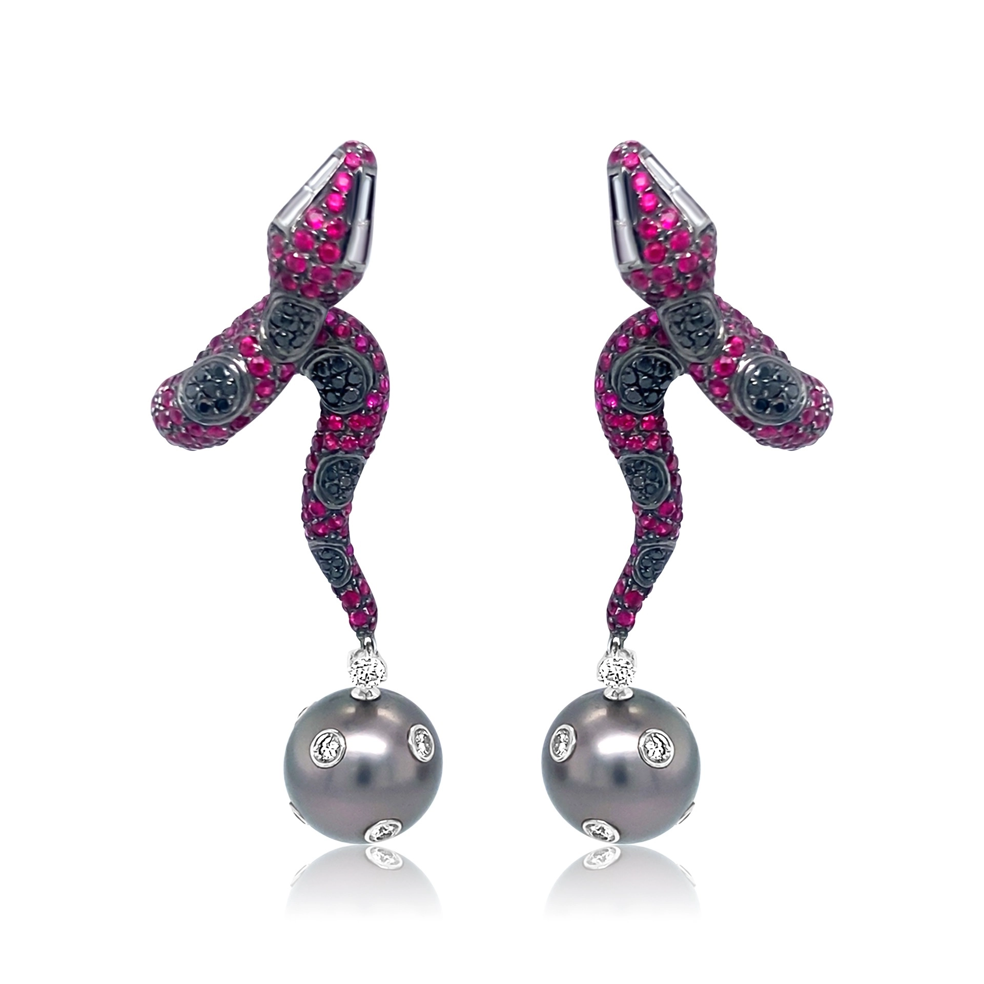 Ruby and diamond snake earrings 